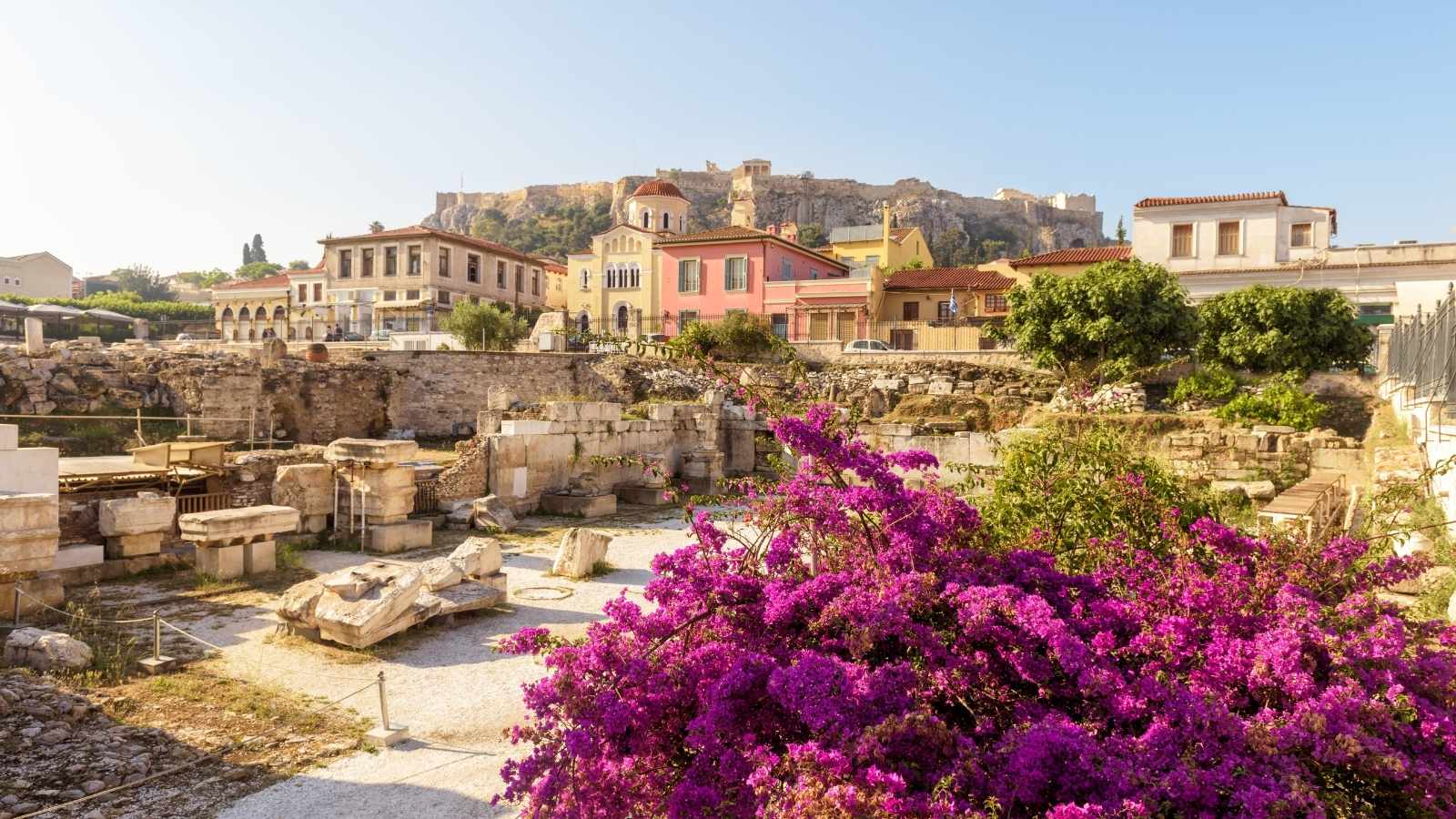 Panoramic view of Library of Hadrian and Plaka, Athens, Greece