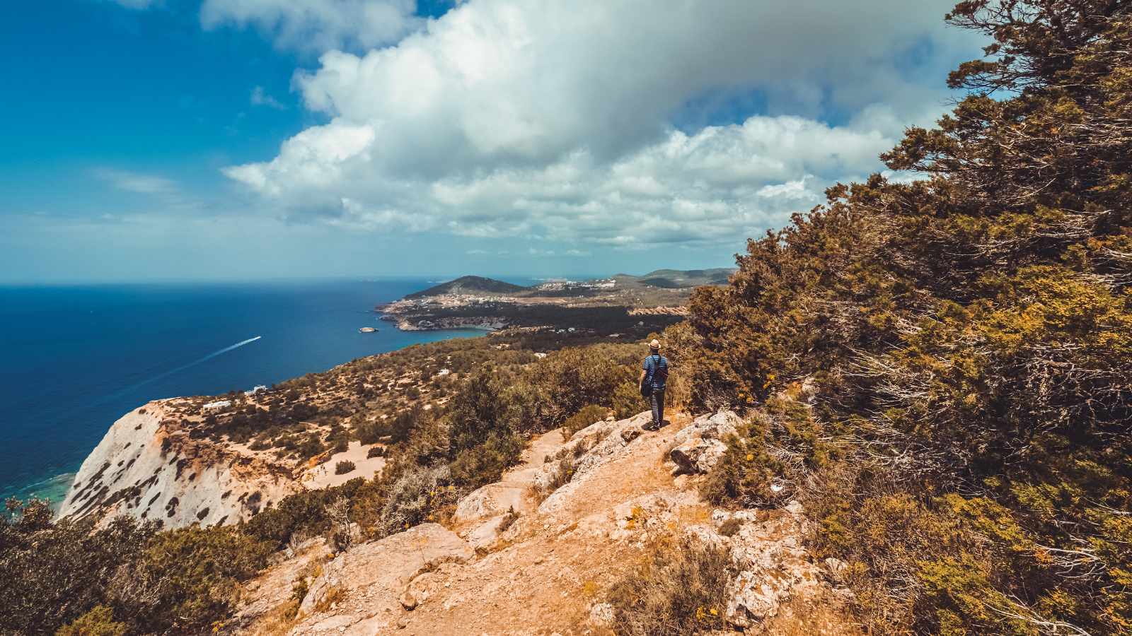 Man trekking cliffs in Ibiza, Spain