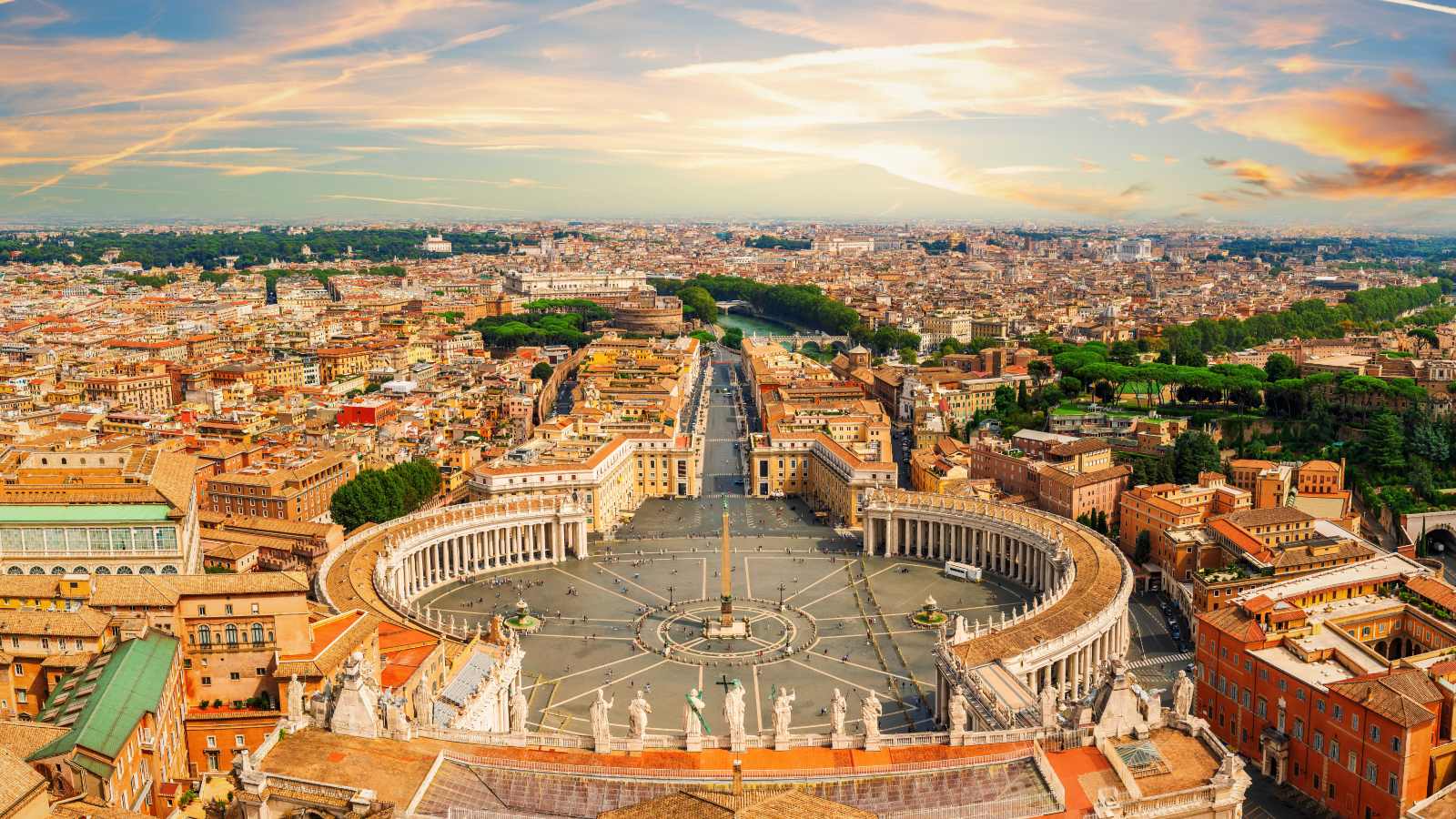 Vatican aerial panorama and statues on the top of St Peter's Basilica, Italy