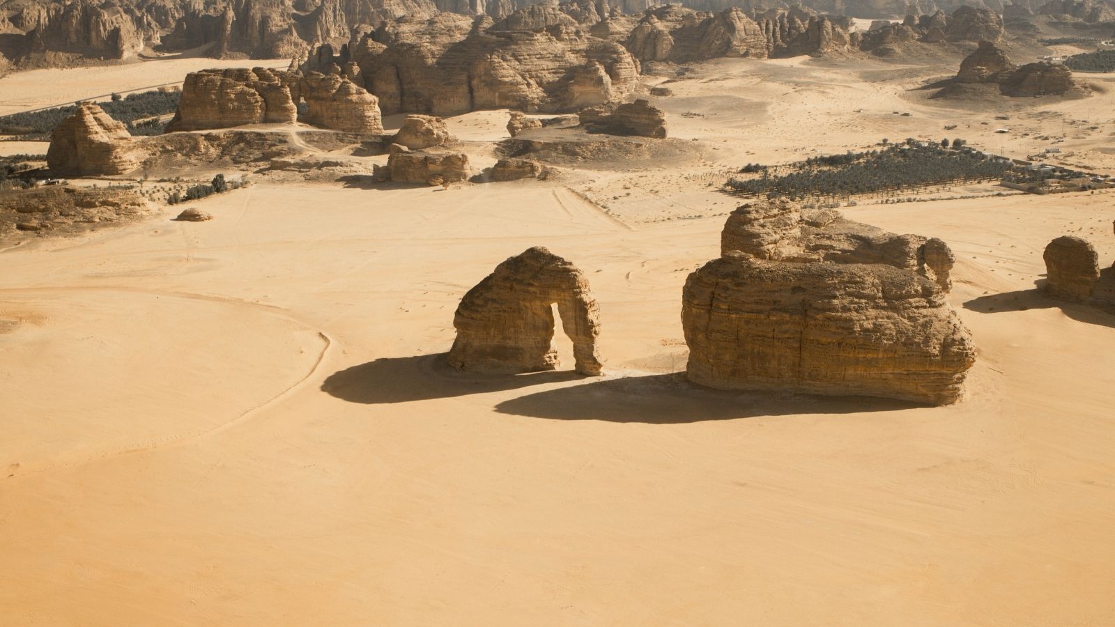 Aerial view of Elephant Rock from Helicopter, AlUla, Saudi Arabia