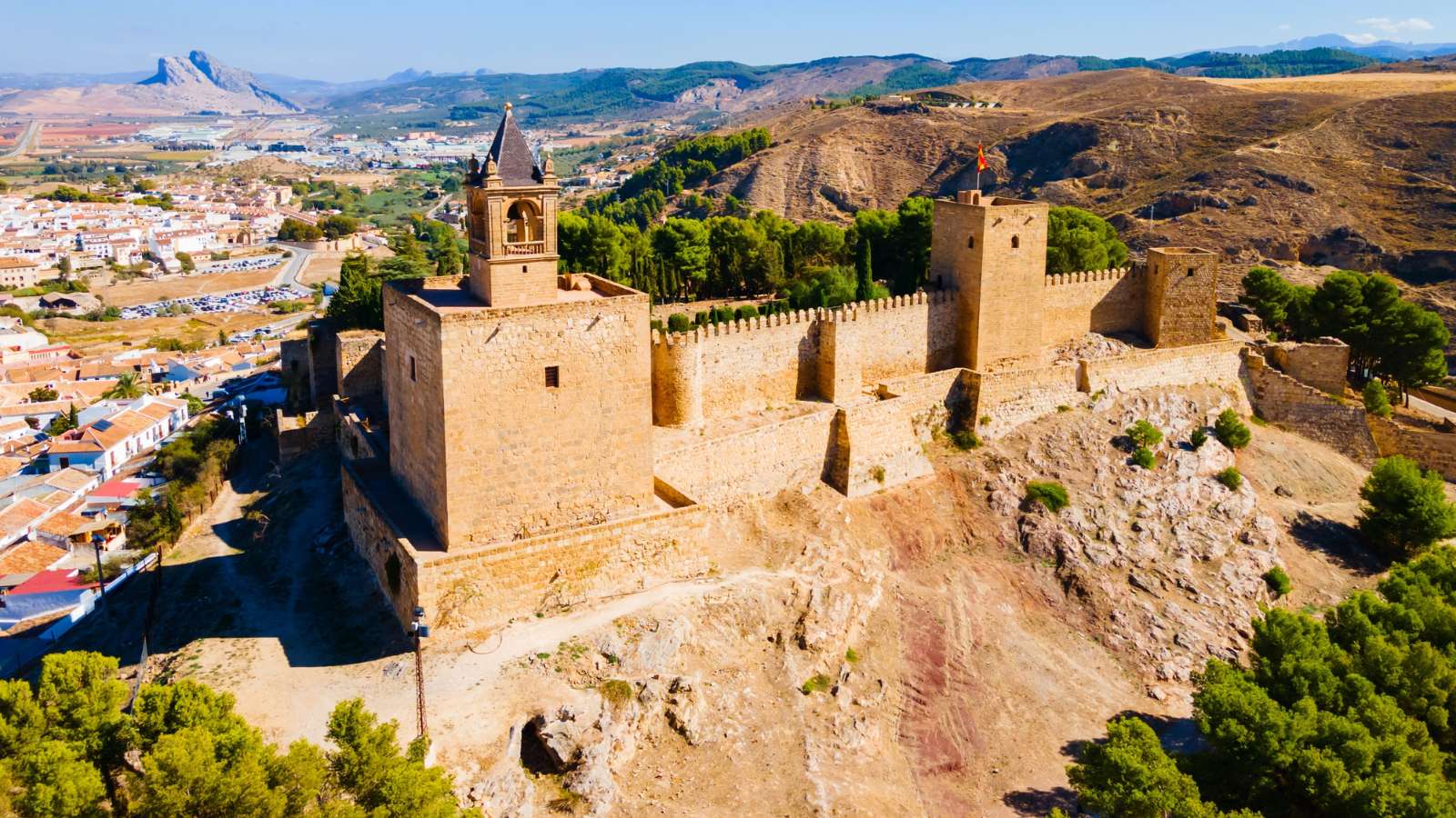 Aerial panoramic view of Alcazaba of Antequera, a Moorish foretress in Malaga