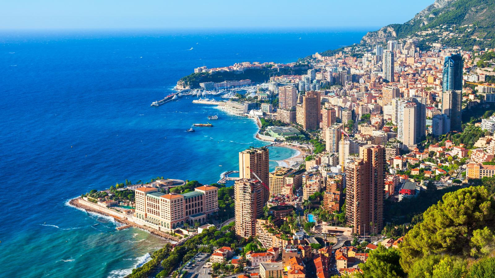 Monte Carlo, Monaco aerial panoramic view. Monaco is a country on the French Riviera near France in Europe.