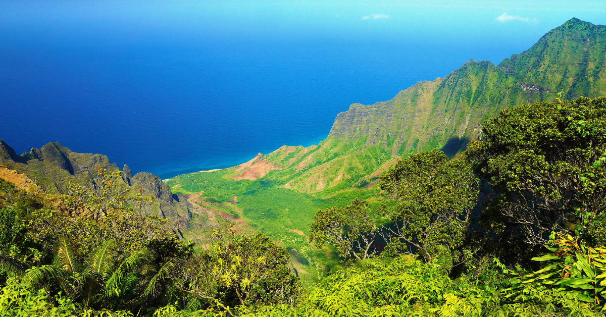 Big Island Hawaii green mountain and azure sea view