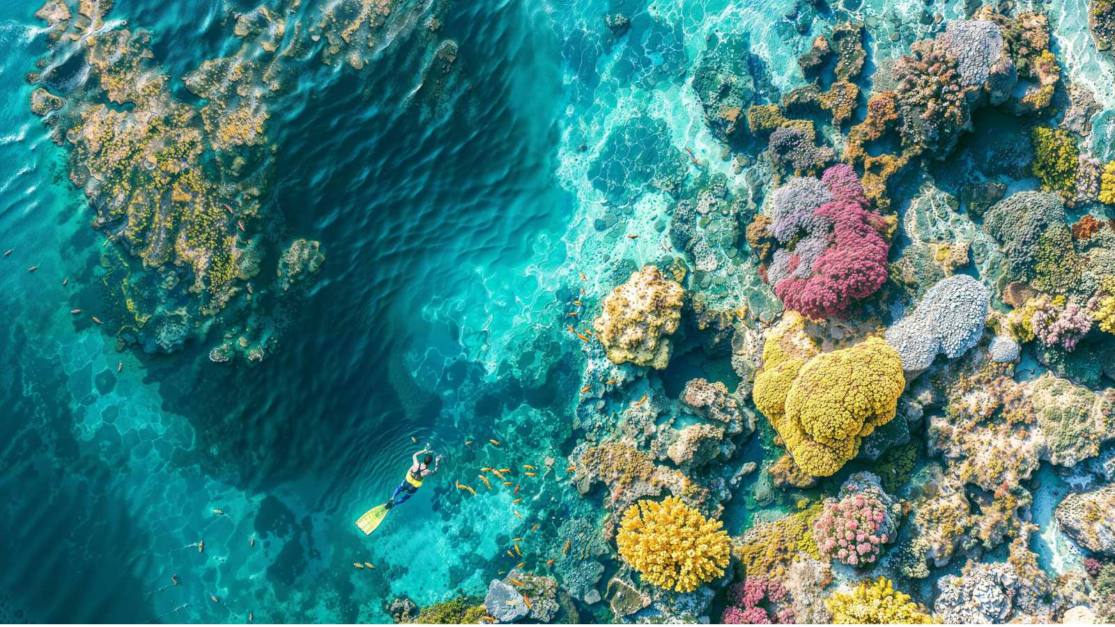 Aerial View of Vibrant Coral Reefs with Snorkeler