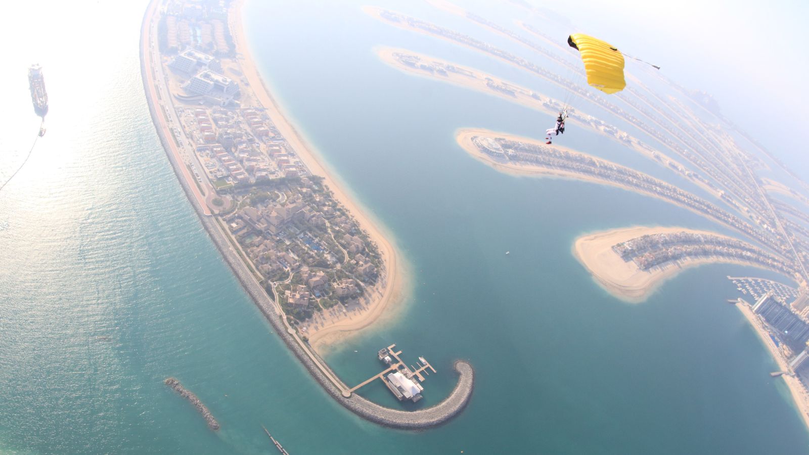 Dubai.Skydive Dubai palm. Beach and city. Skydiver, parashutist under canopy.
