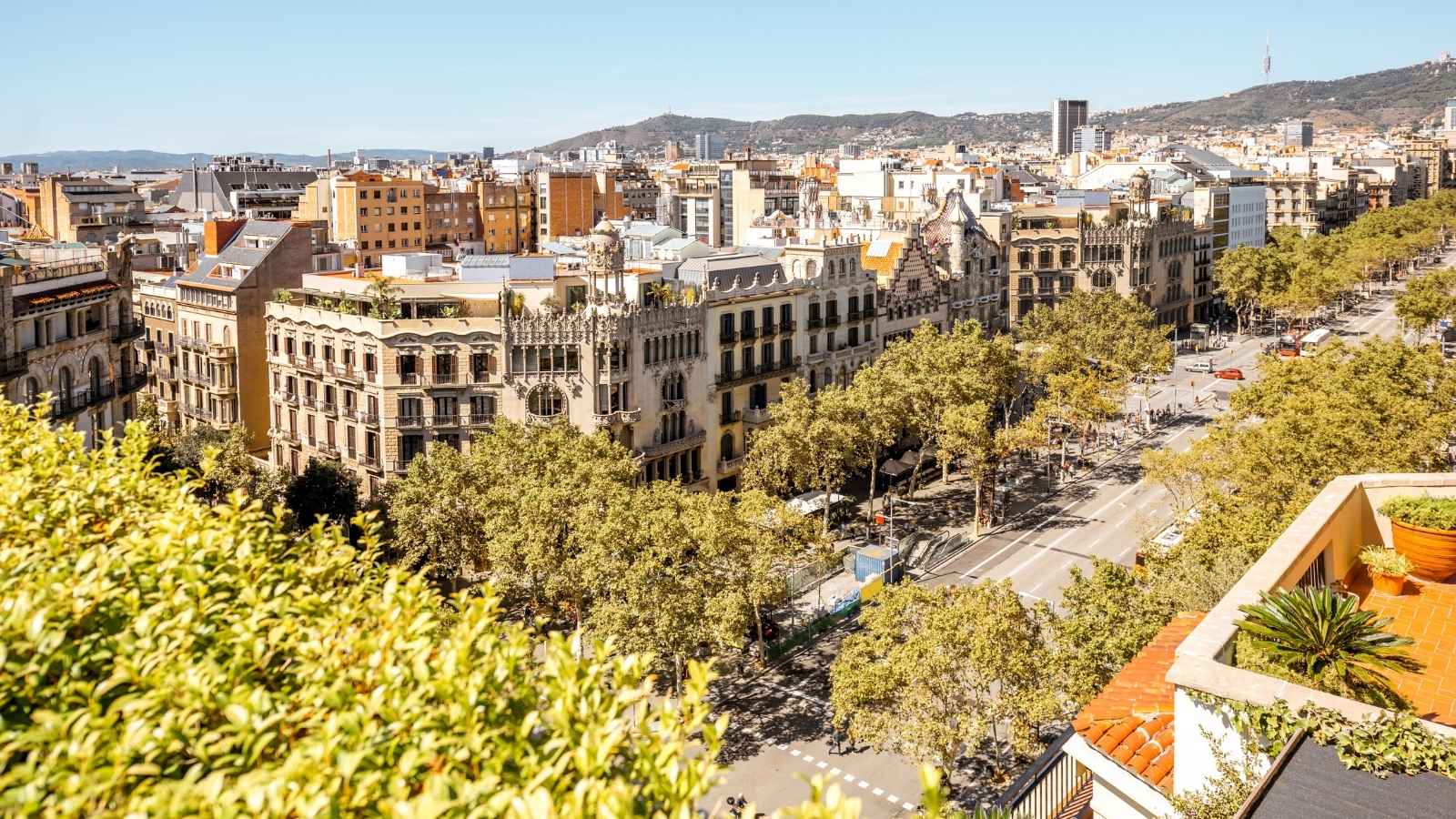 Top view on Gracia avenue with luxurious buildings in Barcelona city