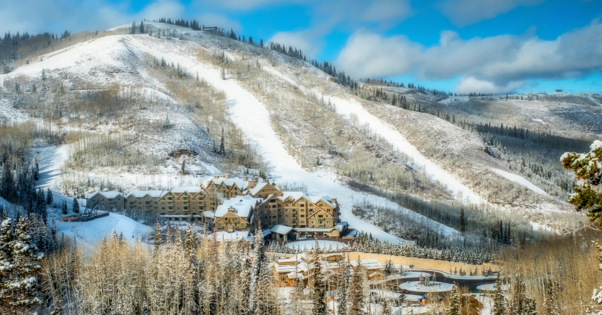 Deer Valley view of hotel and snow covered mountains