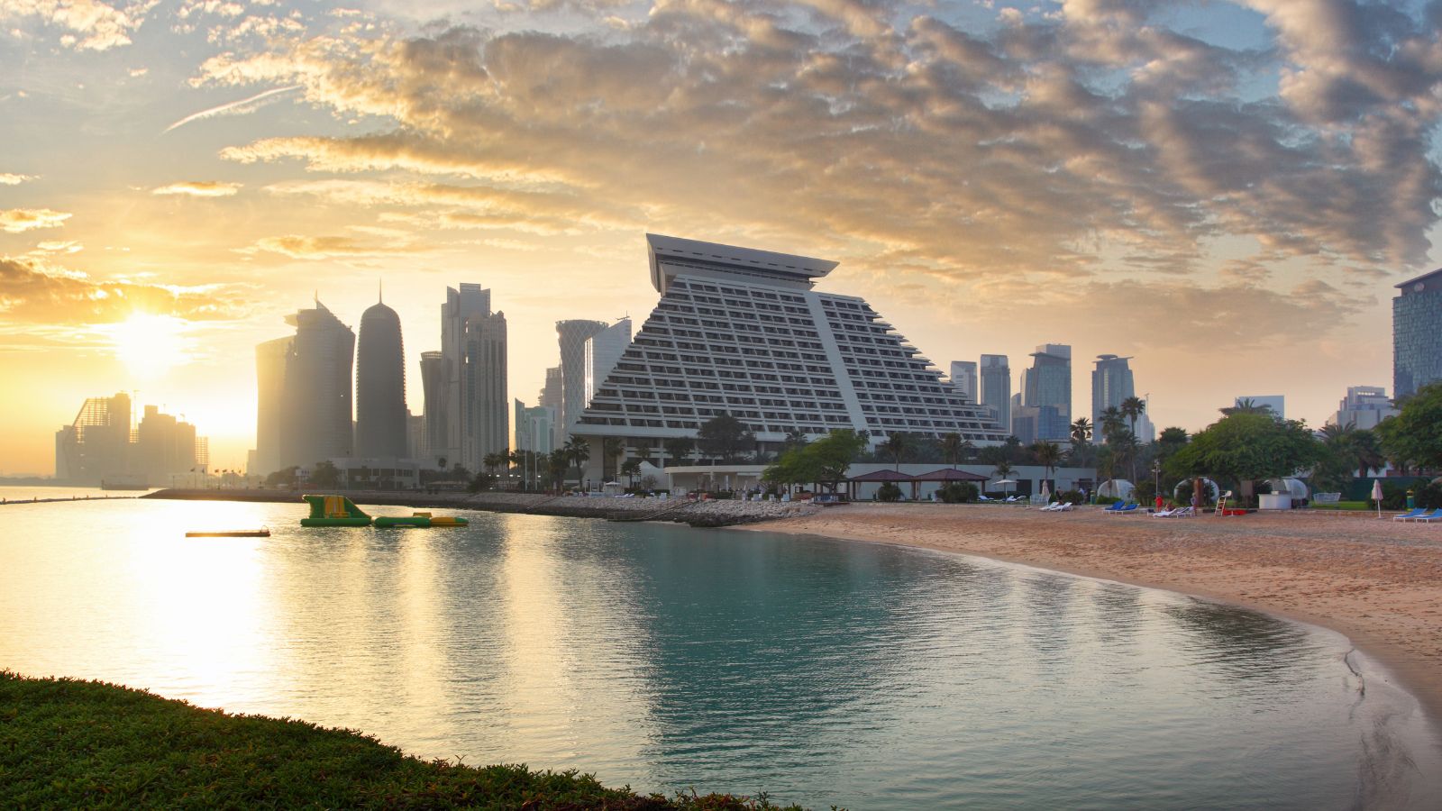Doha city skyline city center after sunset, Qatar
