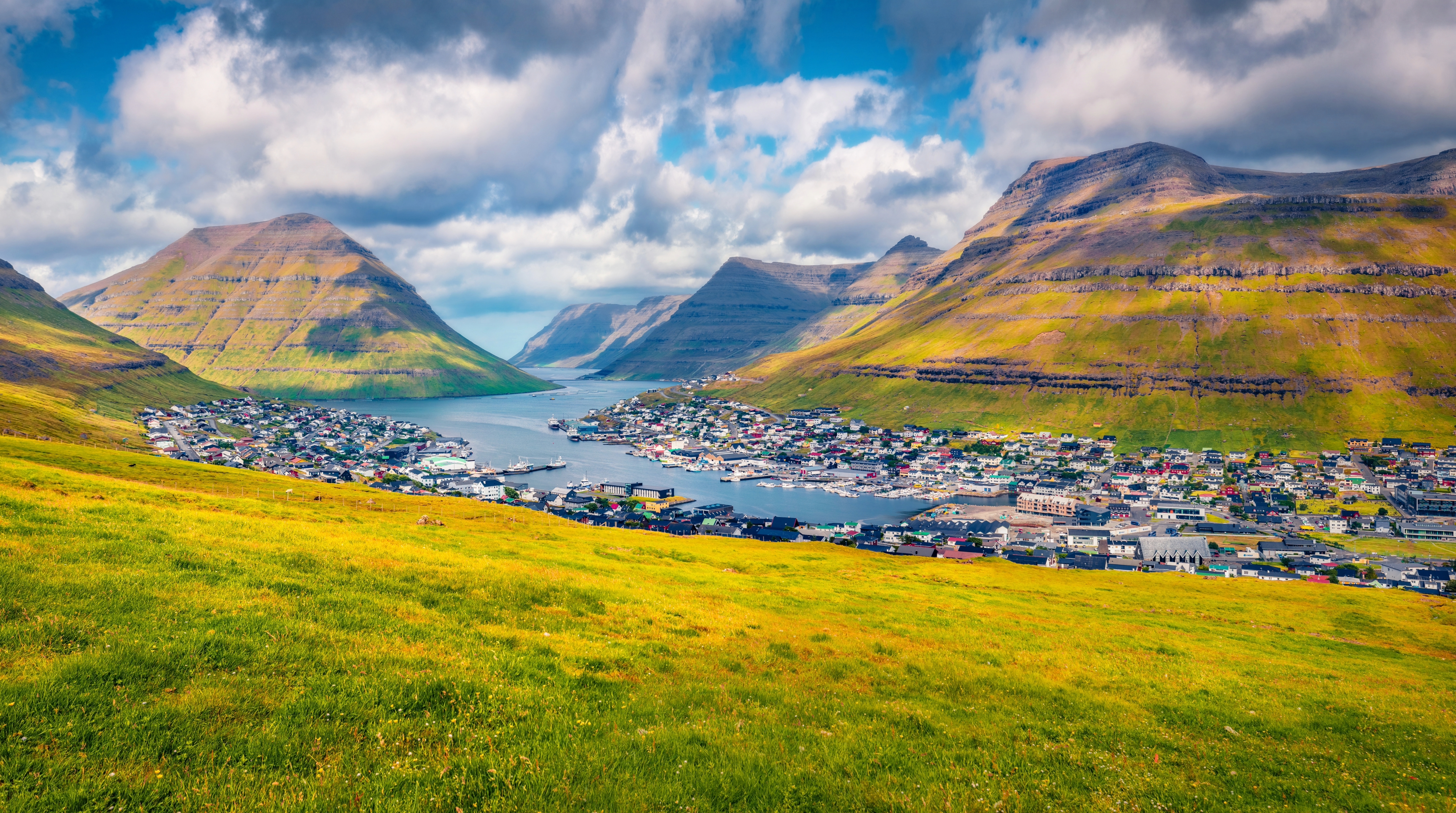 Impressive morning view of Klaksvik town.