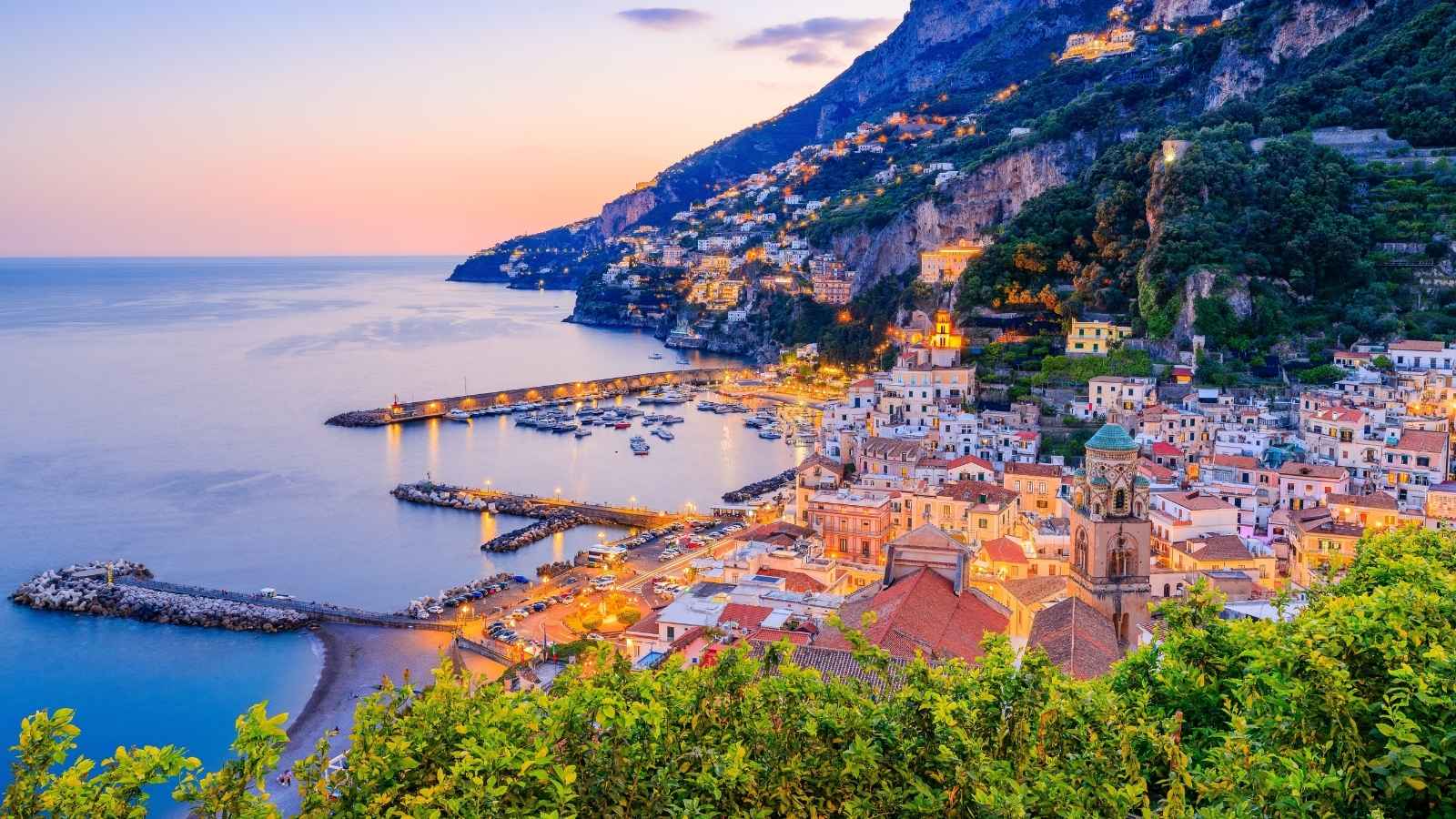 View of Amalfi Coast at sunset, Italy