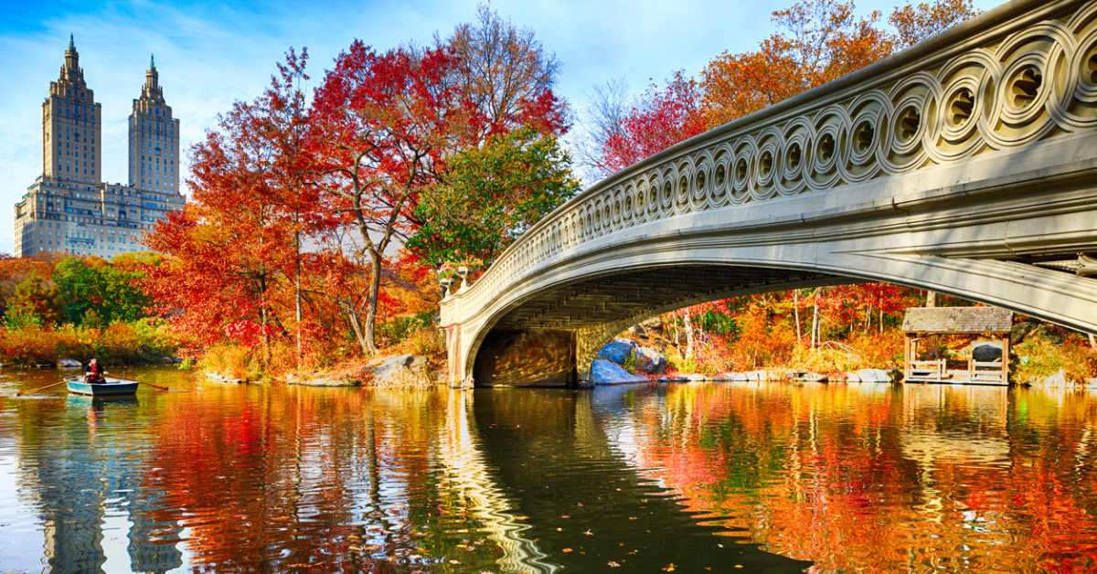 Bow Bridge and San Remo at autumn with fall foliage